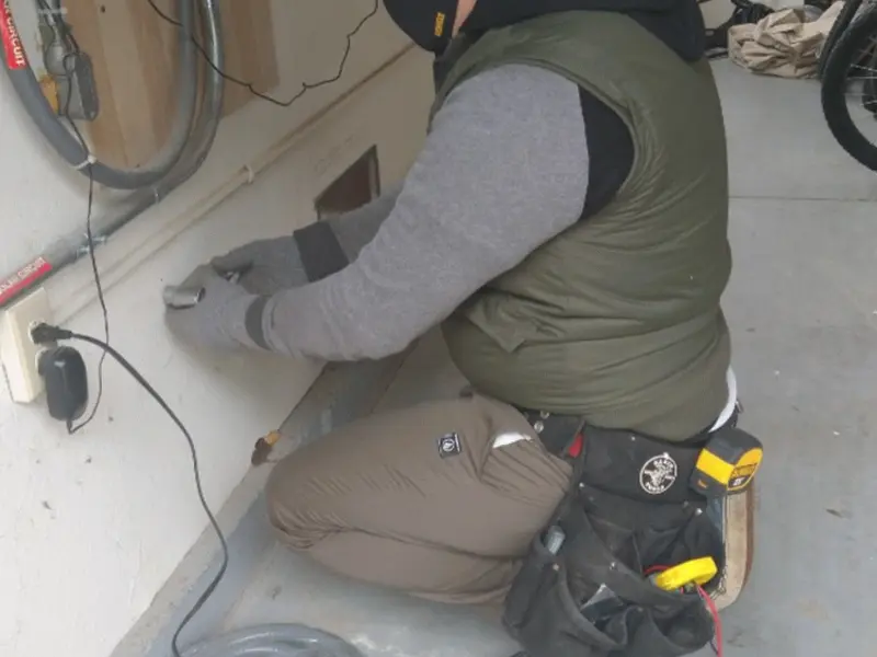 Electrician performing outlet wiring in a Sans Souci garage